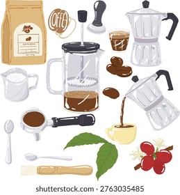 Coffee Brewing Equipment Vector Set with French Press and Moka Pot