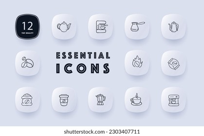 Coffee brewing icon set. Aroma, flavor, brewing methods, coffee beans. Brewing equipment. Neomorphism style. Vector line icon for Business and Advertising
