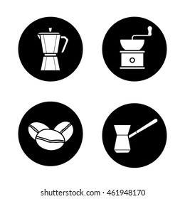 Coffee brewing icons set. Moka pot, classic coffee maker, turkish cezve, grinder and beans. Vector white illustrations in black circles