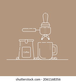 Coffee brewing illustration, white  outline isolated with brown background