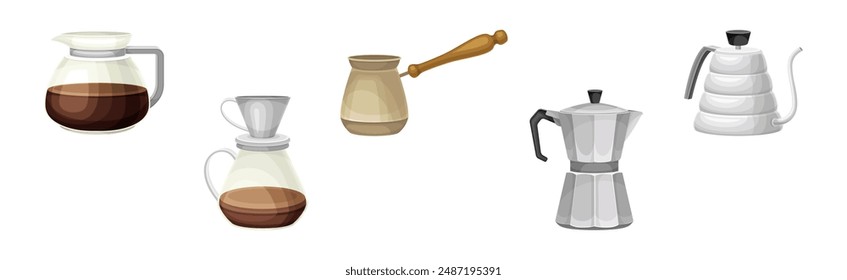 Coffee Brewing with Kettle and Jezve as Cafe Cooking Appliance Vector Set