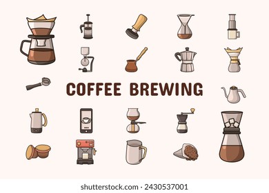 Coffee Brewing Lineal Color Vector Illustration Icon Sticker Set Design Materials