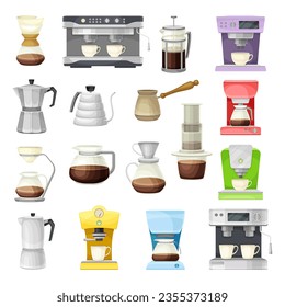 Coffee Brewing Machine with Coffeemaker and Percolator as Cafe Cooking Appliance Big Vector Set