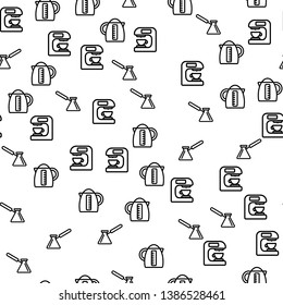 Coffee Brewing Method Seamless Pattern Vector. Coffee Machine, Electric Teapot And Turk Barista Equipment For Aroma Espresso And Capuccino Monochrome Texture Icons. Template Flat Illustration