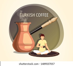 Coffee brewing methods, coffeemaker, Turkish coffee, cezve and coffee shop concept. Man sitting on the carpet and drinking Turkish coffee. Vector illustration for poster, banner, cover, card.