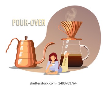 Coffee brewing methods, coffeemakers, pour-over and coffee lover concept. Woman drinking Pour over coffee, kettle and vessel with coffee dripper. Poster, banner, website design.