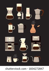 coffee brewing methods, different alternative process making coffee and cups vector illustration