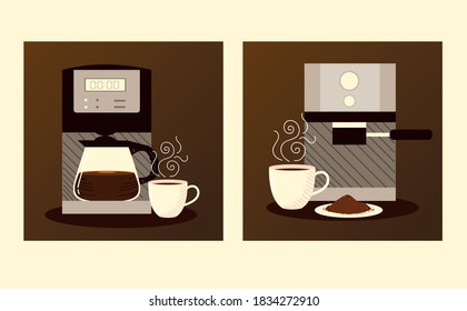 coffee brewing methods, digital and espresso machine appliance and cups vector illustration
