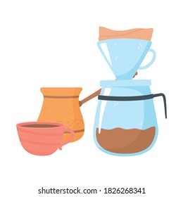 métodos de elaboración de café, producción de goteo, ilustración de vector de pasto y taza