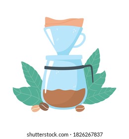 coffee brewing methods, drip maker coffee grains and leaves vector illustration