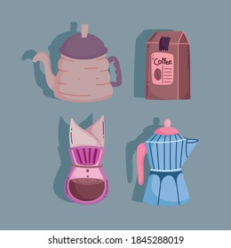 coffee brewing methods, drip coffee maker moka pot kettle and pack vector illustration