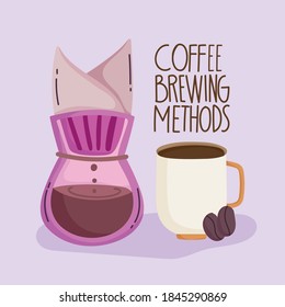 coffee brewing methods, drip coffee maker cup and dry seeds vector illustration