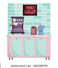 coffee brewing methods, espresso machine package and moka pot in kitchen vector illustration