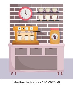 Kaffeebraumethoden, Espressomaschine mit Produktbechern und Vektorgrafik