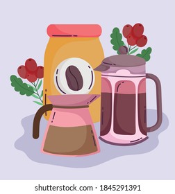 coffee brewing methods, french press kettle and bottle vector illustration