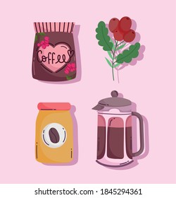 coffee brewing methods, kettle pack container glass and grains vector illustration
