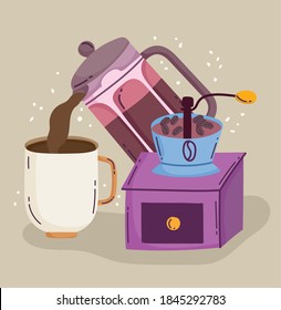 coffee brewing methods, kettle pouring in cup and grinder manual vector illustration