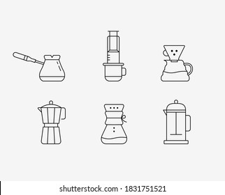 Coffee brewing methods. Line icons set. Vector