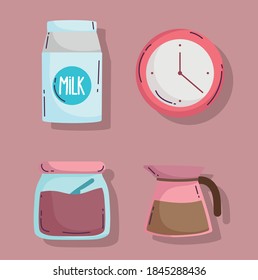 coffee brewing methods, milk box kettle sugar and clock icons vector illustration