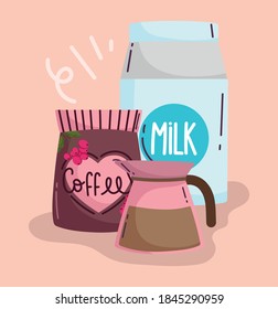 coffee brewing methods, milk box pack and kettle vector illustration