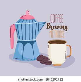 coffee brewing methods, moka pot cup and seeds vector illustration