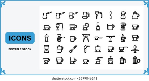 Kaffeebrühverfahren Umriss Symbol Set Verschiedene Kaffee-Zubereitung Ausrüstung