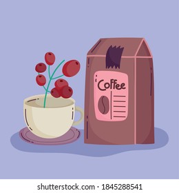 coffee brewing methods, package product and cup with seeds vector illustration