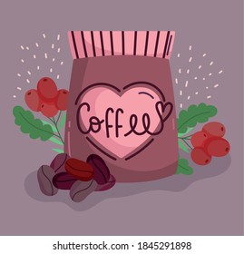 Kaffeebrauverfahren, Verpackungserzeugnis mit Samen und Körnern, Vektorgrafik