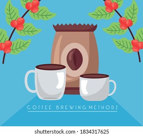 coffee brewing methods poster with bag and cups vector illustration design
