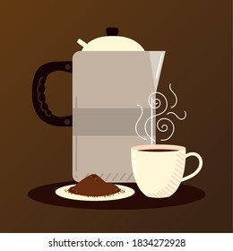 coffee brewing methods, pot coffee cup and seeds in saucer vector illustration