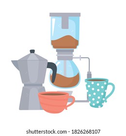 coffee brewing methods, pour over moka pot and coffee cups vector illustration