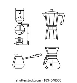 Coffee brewing methods. Siphon, Turkish cezve, pour over, geyser coffee maker. Set of vector outline icons.