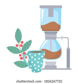 coffee brewing methods, syphon and coffee cup branch seeds vector illustration