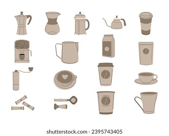 Coffee Brewing Methods and Tools Collection. Set of Coffee Machine and Utensils. Hand Drawn Illustration Elements for Cafe, Coffee Shop, and Restaurant