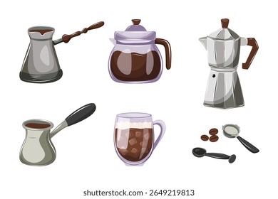 Métodos e ferramentas de fabricação de café. Conjunto de ferramentas de café tradicionais e modernas. Cezve, pote de monges, servidor de café de vidro, ibrik turco de metal, pote de café, uma xícara de café.