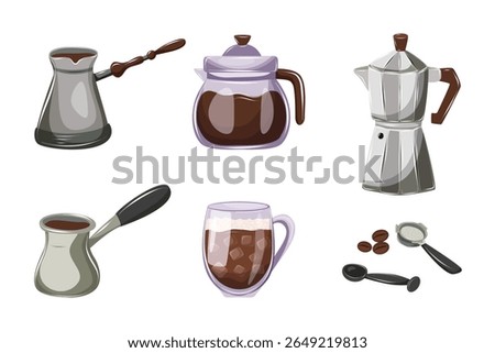 Coffee brewing methods and tools. Set of traditional and modern coffee-making tools. Cezve, monks pot, glass coffee server, metal Turkish ibrik, coffee pot, a cup of coffee.
