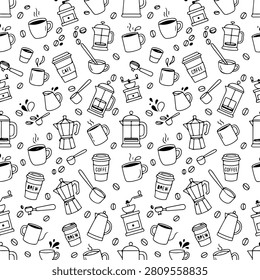 Coffee brewing methods and utensils doodle seamless pattern