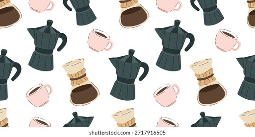 Café que elabora el patrón inconsútil con la olla del moka, el chemex y las tazas del espresso.  Fondo con bebidas de cafeína y equipo de barista aislado en blanco. Fondo de pantalla minimalista para interior de cafetería.