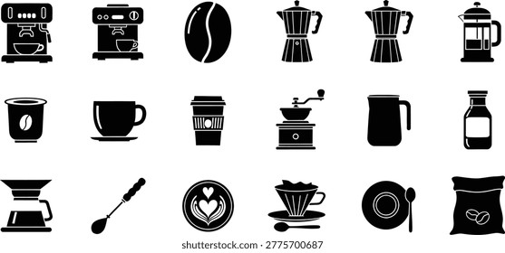 Coffee brewing serving icons set with cup beans kettle pot mug