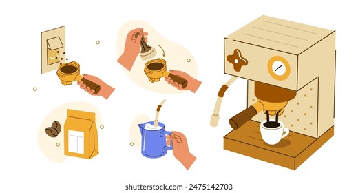 Kaffeebrühset. Anleitung zur Herstellung von Cappuccino in einer Espressomaschine. Barista Mahlen von Kaffeebohnen, Stopfen, schaumige Milch. Handgezeichnetes Doodle. Vektorillustration.