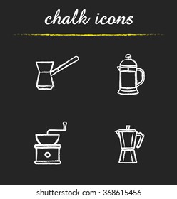 Coffee brewing tools chalk icons set. Turkish cezve, french press and classic coffee maker. Moka pot and coffee beans grinder. White illustrations on blackboard. Vector chalkboard logo concepts