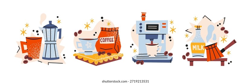 Coffee brewing tools compositions  in retro cartoon style. Moka pot, coffee beans and espresso machine icons, cozy café mood with handmade kitchen objects, warm morning routine atmosphere, playful food graphics for menus, packaging, branding and lifestyle visuals