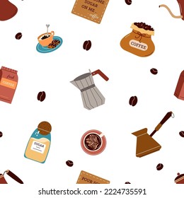 Coffee brewing tools, cups, beans seamless pattern. Vector repeating background design for cafe, restaurant, coffee shop decor. Colored flat cartoon illustrations