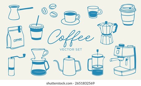 Coffee brewing tools, cups, beans and accessories set. Hand drawn modern minimalist flat vector illustration. Coffee shop and cafe concept for design and print