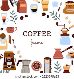 Coffee brewing tools, cups, grinders on white background. Vector template for poster, flyer, banner, frame, invitation, restaurant, cafe menu design
