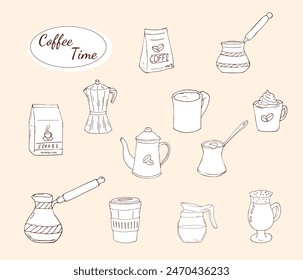 Coffee brewing tools hand-drawn set. Coffee utensils, machine, cup, kettle, jug, beans, and ground coffee in a pack. Isolated elements for cafe, menu, and coffee shop. 