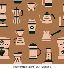 Coffee brewing tools seampless pattern. Coffee machine, moka, cup, kettle icons. Cute beverages, hot drinks flat vector. Simple, stylish design. Repeated texture for cafe menu, shop, wrapping paper