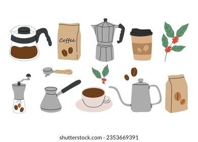 Coffee brewing  tools.Coffee makers,french press, cup, grinder and packaging. object, accessory.