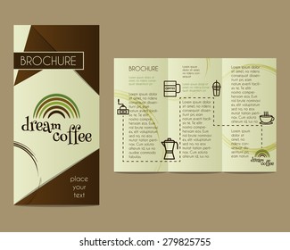 Coffee Brochure Flyer design Layout template. Triangle abstract style. Dream coffee design with infographic elements. With coffee stains. Isolated on brown background. Vector illustration