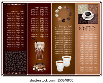 Coffee Brochure of Roasted Coffee Bean, Hot Coffee and Iced Coffee on Elegant Brown Background 